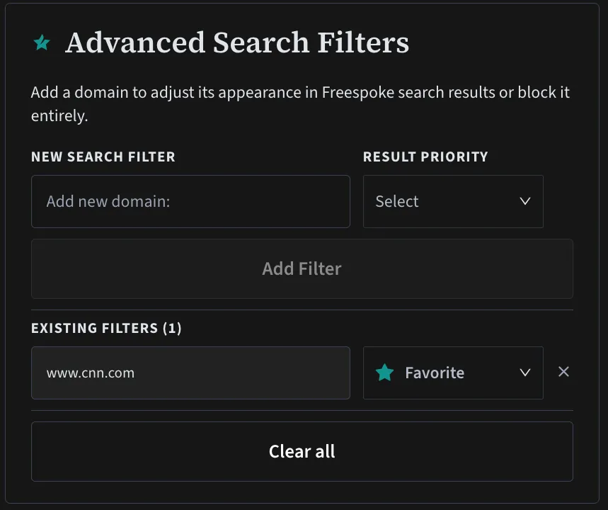 A user's Advanced Search Filters