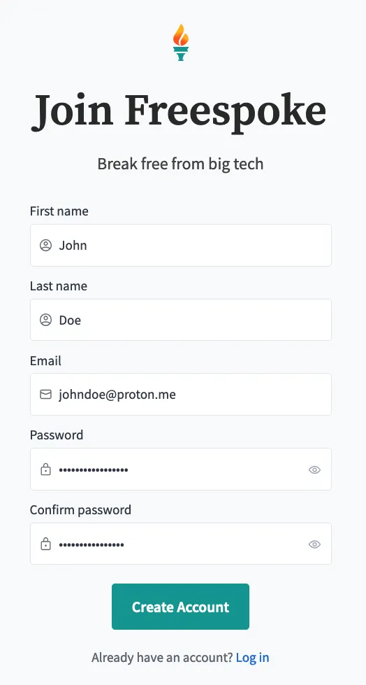 A filled-out registration page