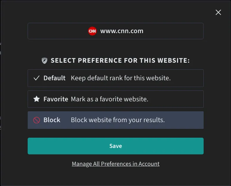 A screenshot of the search filter modal